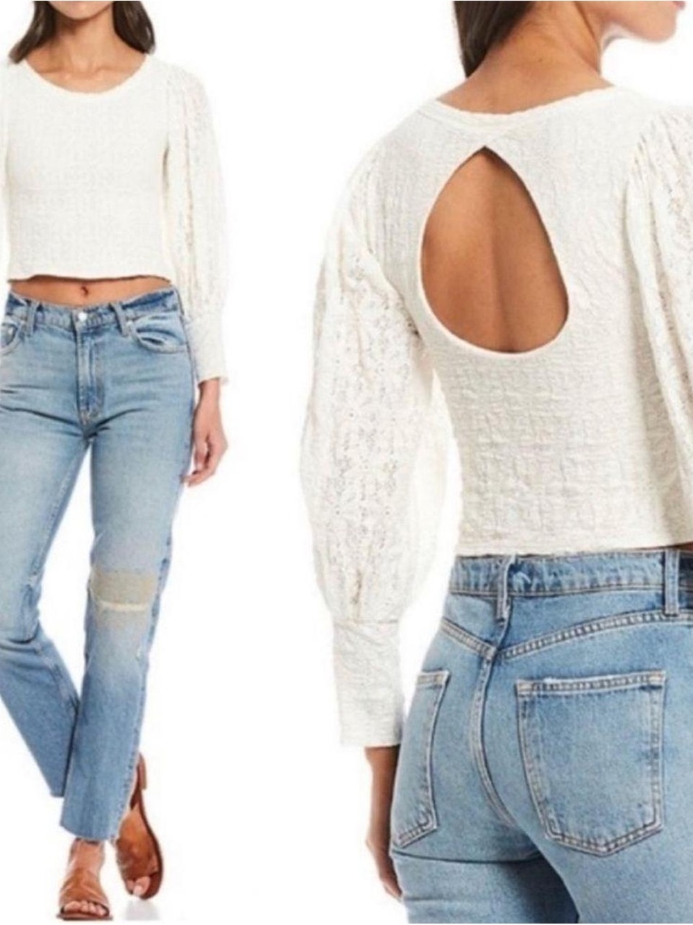 Free People Cream Open-Back Lace Top